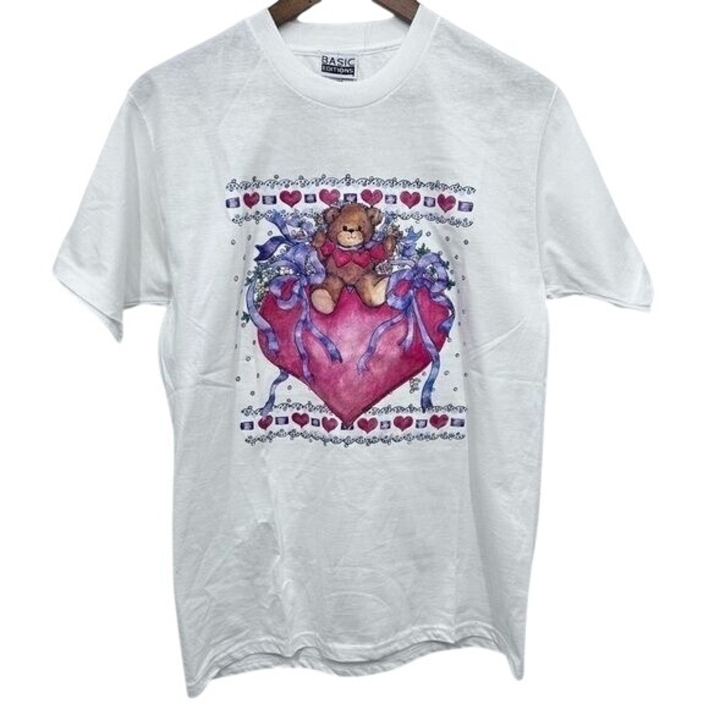 Teddy Bear Shirt 90s Heart TShirt Valentines Grandma T‎ Shirt Romantic Med NWT